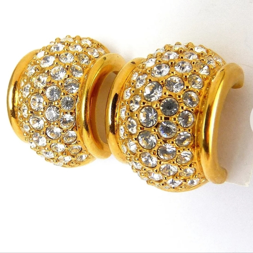 Vintage 1980s Swarovski Swan Signed Post Half Hoop Earrings Pave Clear Crystal